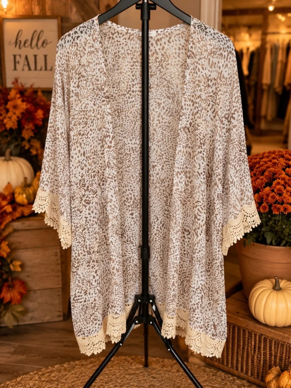 Maurices Cream Leopard Lace-Trim Kimono Cover-Up